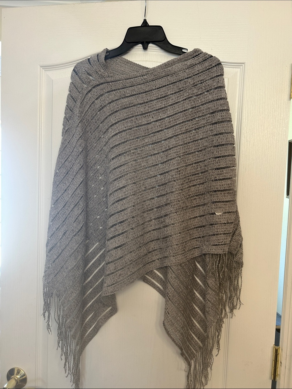 Ladies Gray Knit Fringe Poncho Sweater
